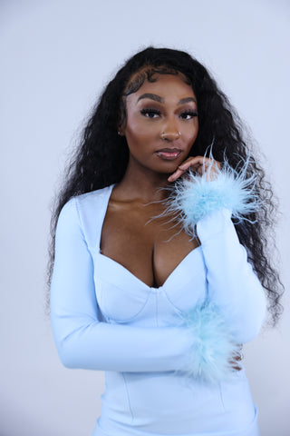 Bellaire - Light Blue Body Con Dress With Feathers On Sleeve