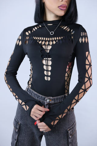 “Area Code” Black Multi- Hole Bodysuit