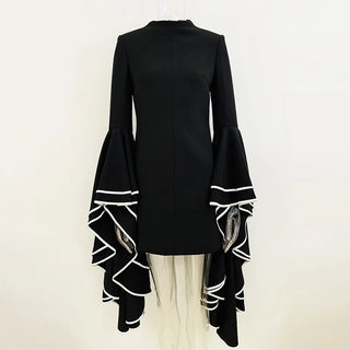 Black Mini Dress With White Trim And Exaggerated Sleeves
