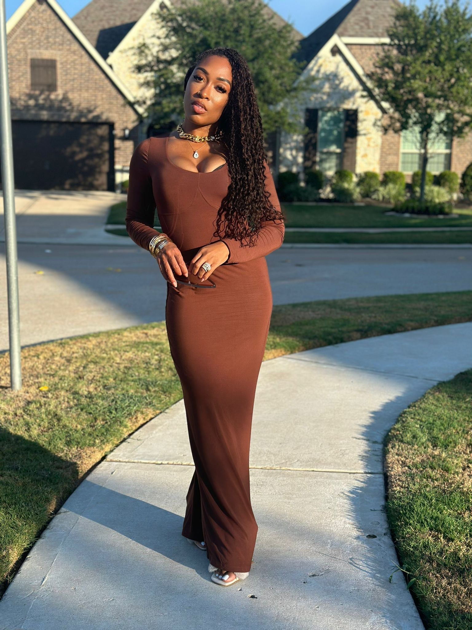 Brown Body Con Long Sleeve Dress L Brown Body Con Long Sleeve Dress L