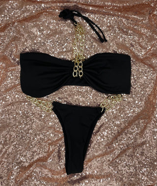 Rich & Elegant- Black 2 Piece Gold Chain Swimsuit